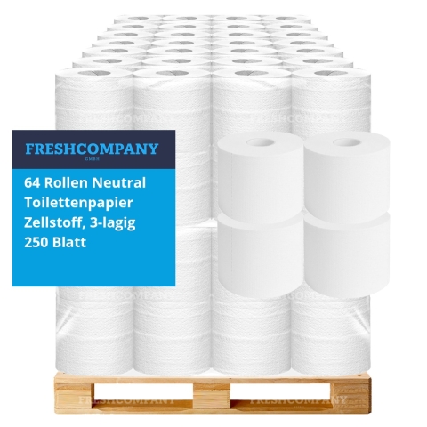 33 x 64 Rollen Neutral Toilettenpapier WC-Papier, Zellstoff, 3-lagig, 250 Blatt, 1 Palette